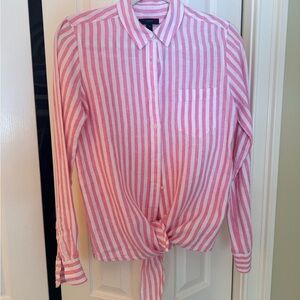 J. Crew Pink and White Striped Linen Shirt with tie at the waist